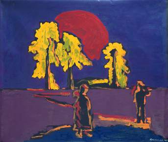 «&nbsp;Sur le chemin de Mourom se dressaient trois pins…&nbsp;». Le soleil rouge au-dessus des pins jaunes. 105 x 120 cm. 2002