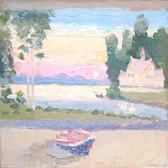 Tableau populaire et képi sur un banc (triptyque). Huile sur toile, 72 х 72 cm. 1992.